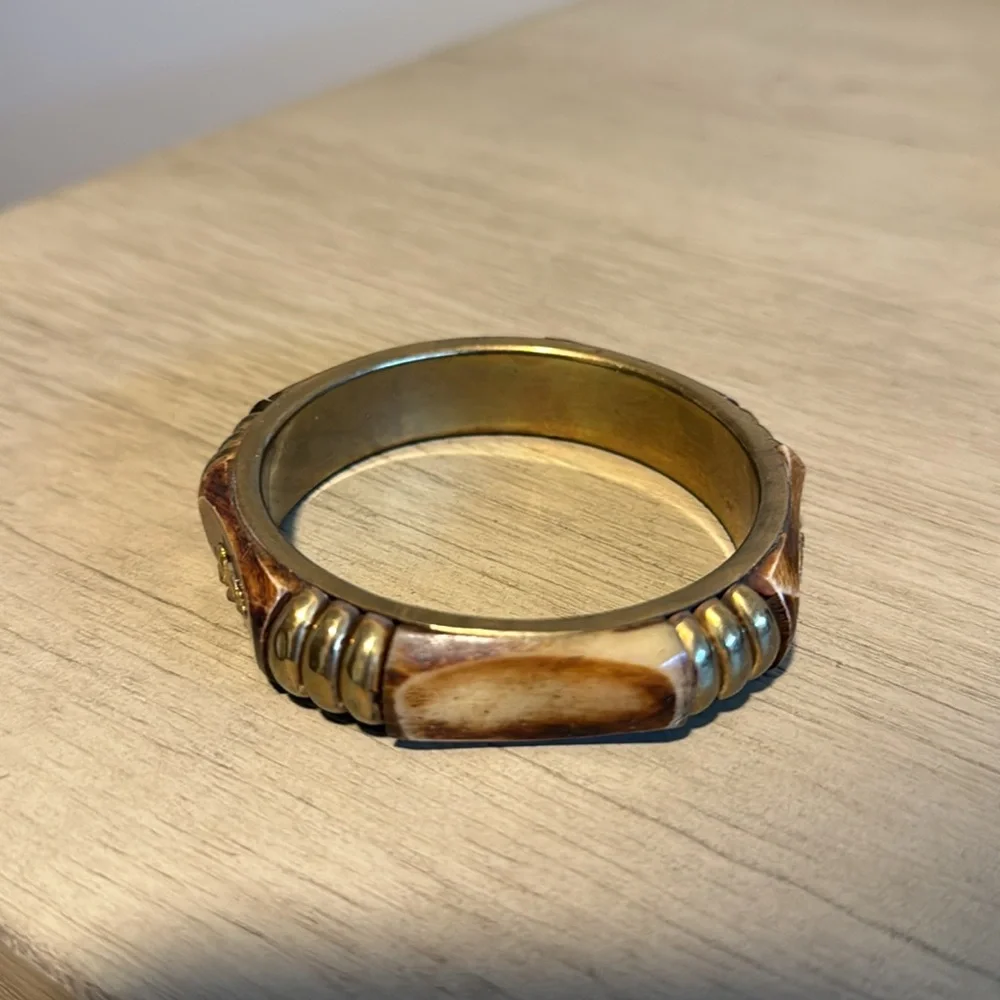 Vintage Plastic Bangle Bracelet, Wood, Metal, Brown, Bronze, Retro, Boho